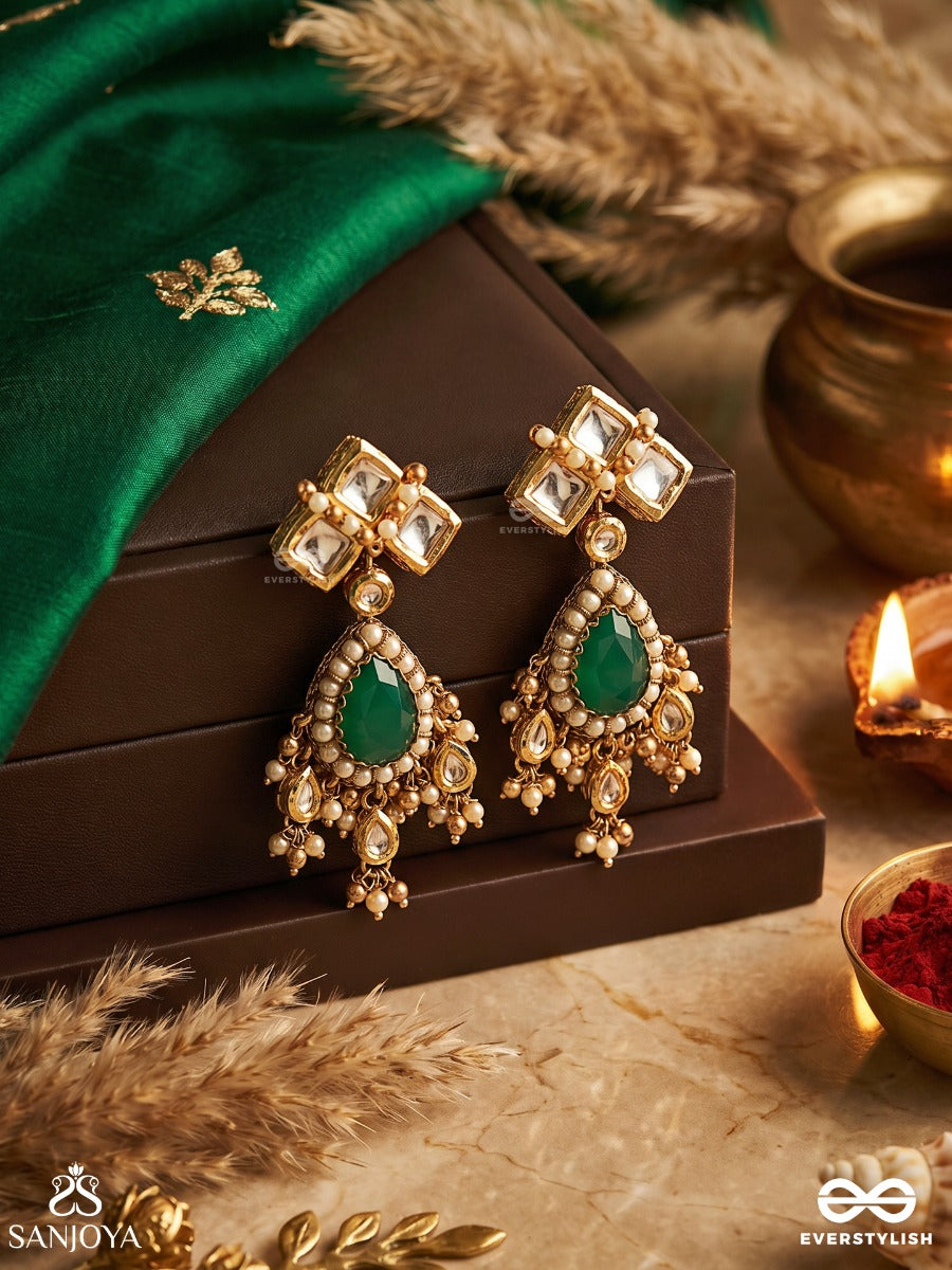 Shobhana - The Graceful One - Kundan Studded Earrings With Royal Green Center And Pearl Drops