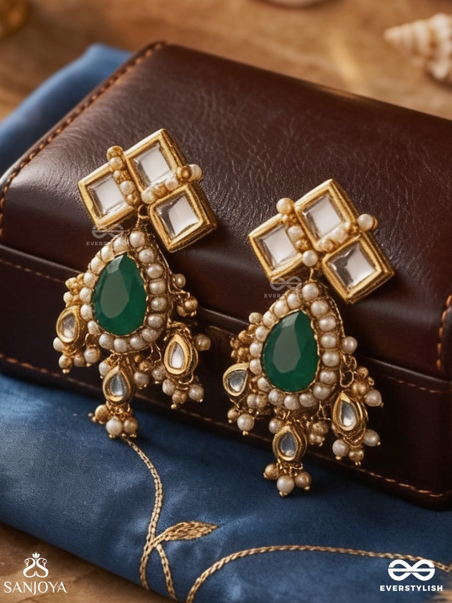 Shobhana - The Graceful One - Kundan Studded Earrings With Royal Green Center And Pearl Drops