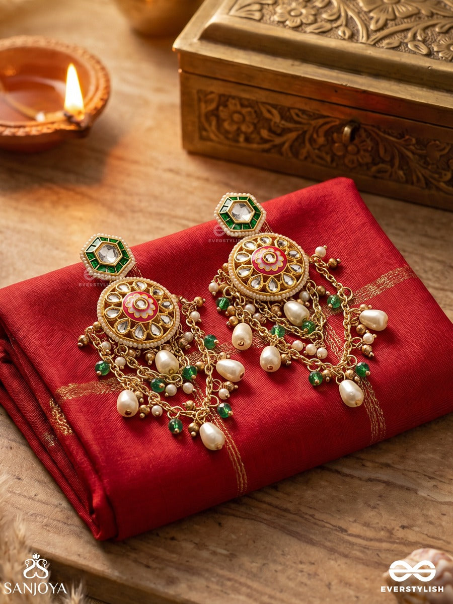 Rangini - Regal Bloom - Golden Kundan Drop Earrings With Green Gem Accents
