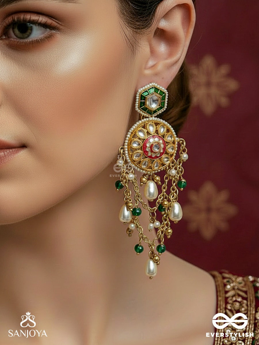 Rangini - Regal Bloom - Golden Kundan Drop Earrings With Green Gem Accents