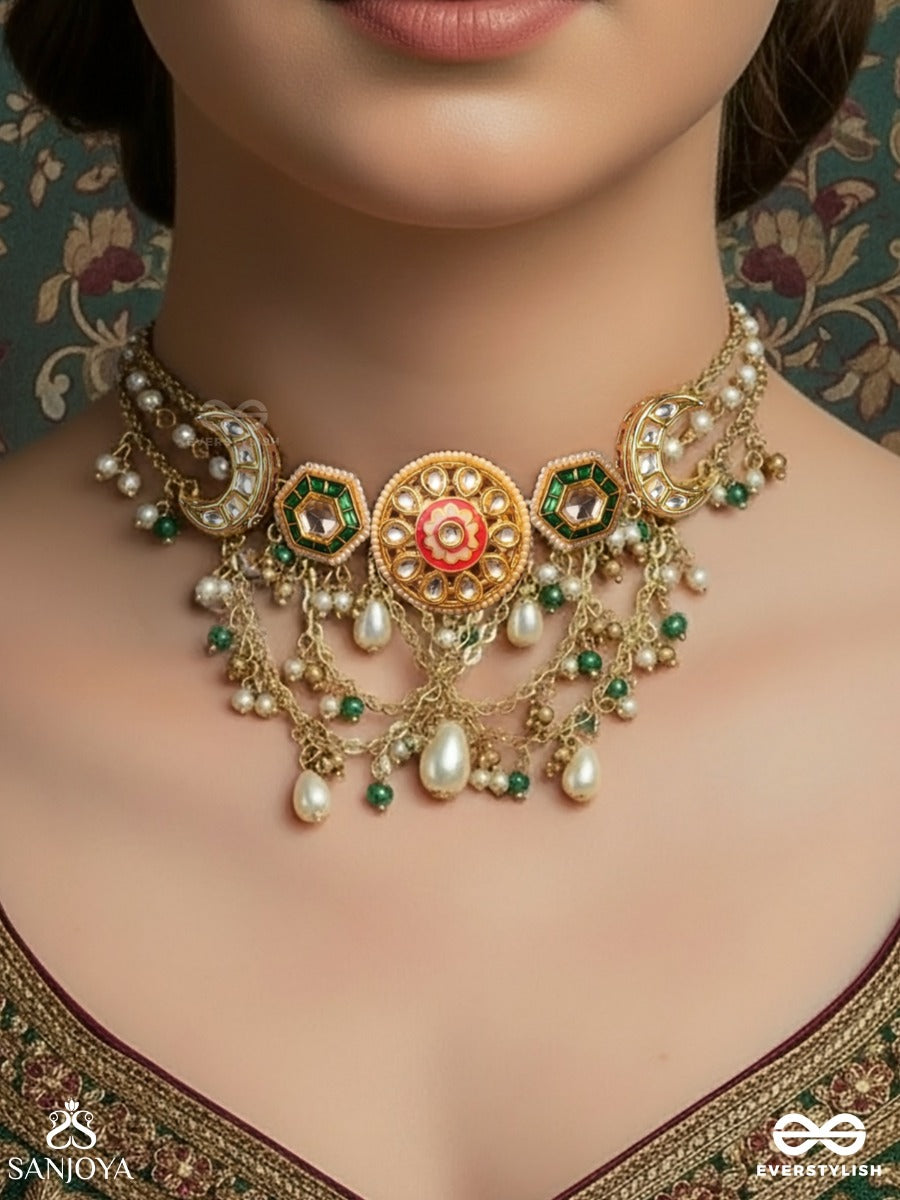 Rangini - Regal Bloom- Kundan Polki Choker With Green Enamel, Pearl Droplets & Crescent Accents