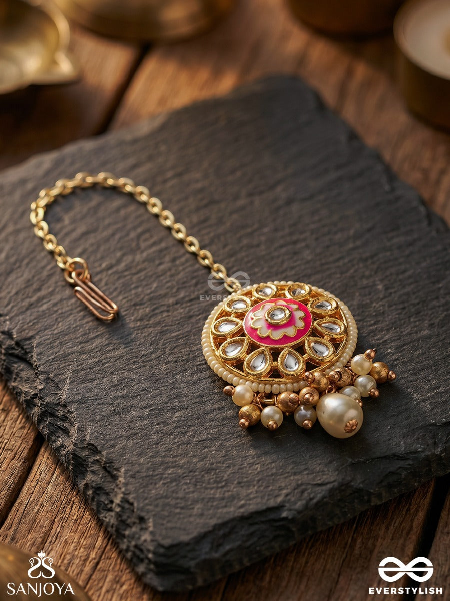 Kamalika - Lotus Charm - Delicate Maangtika With Ornamental Pendant And Dangling Pearl Details