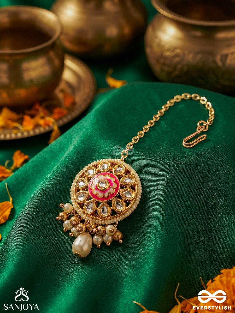 Kamalika - Lotus Charm - Delicate Maangtika With Ornamental Pendant And Dangling Pearl Details