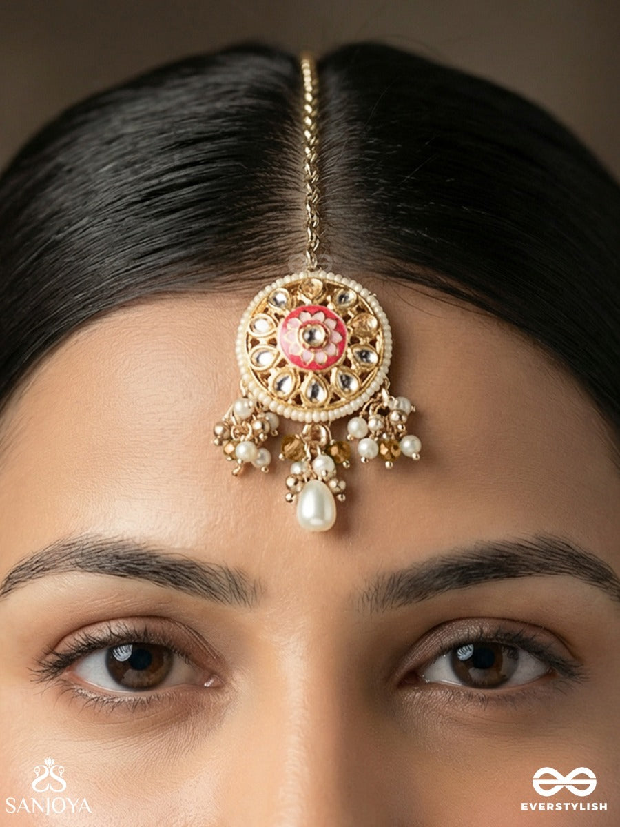 Kamalika - Lotus Charm - Delicate Maangtika With Ornamental Pendant And Dangling Pearl Details