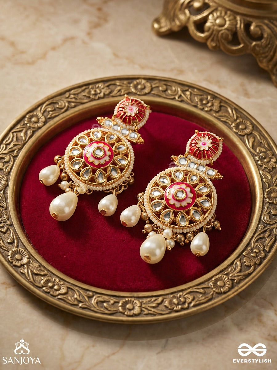 Divyanjani - Divine Offering- Round Kundan Polki Earrings With Enamel Work And Pearl Accents