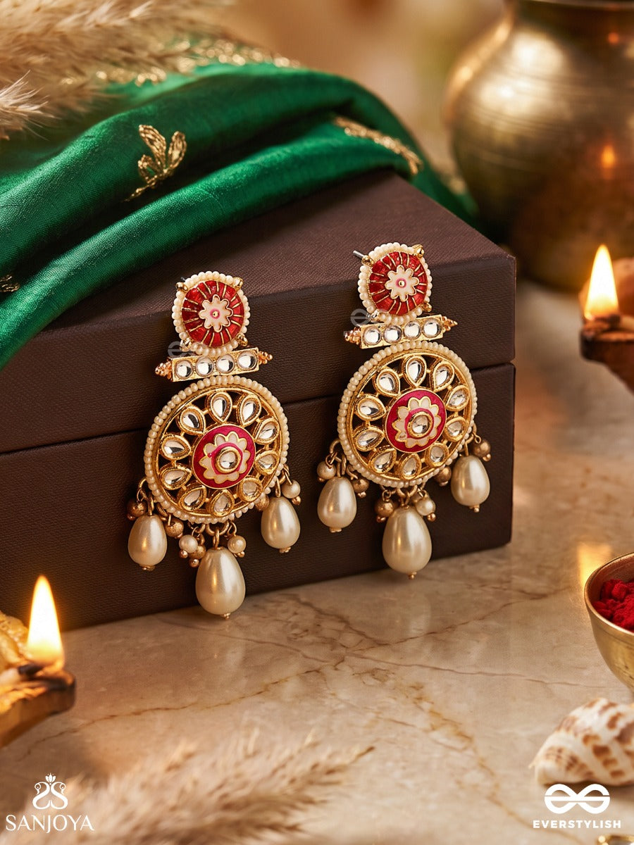 Divyanjani - Divine Offering- Round Kundan Polki Earrings With Enamel Work And Pearl Accents