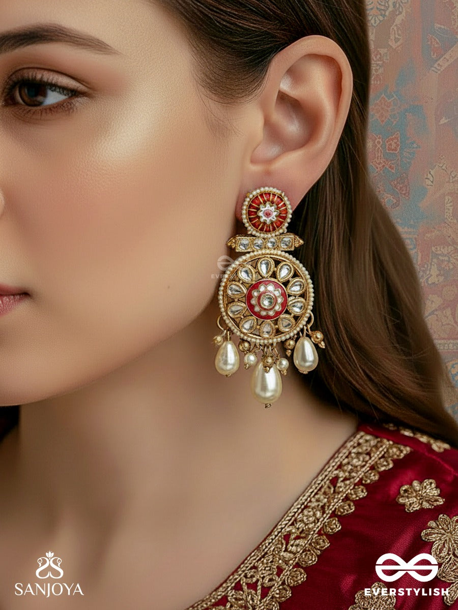 Divyanjani - Divine Offering- Round Kundan Polki Earrings With Enamel Work And Pearl Accents