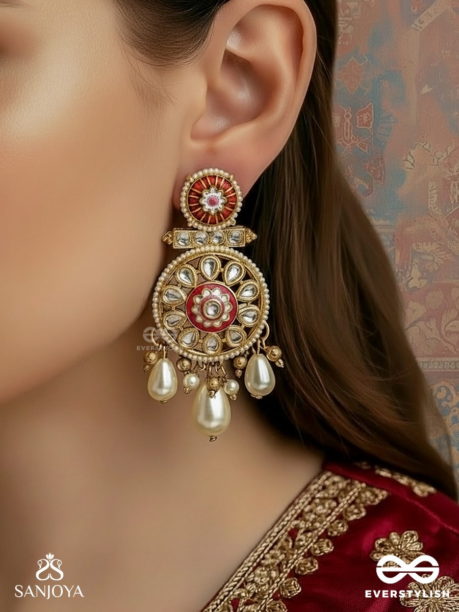 Divyanjani - Divine Offering- Round Kundan Polki Earrings With Enamel Work And Pearl Accents