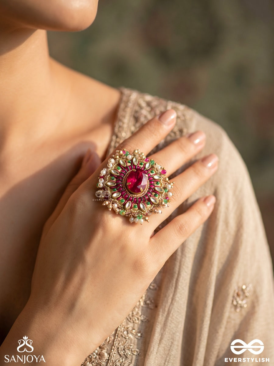 Ratnarohini - Ascent Of Jewels - Ornate Ring With Embellished Centre And Dense Gemmed Cluster Detail