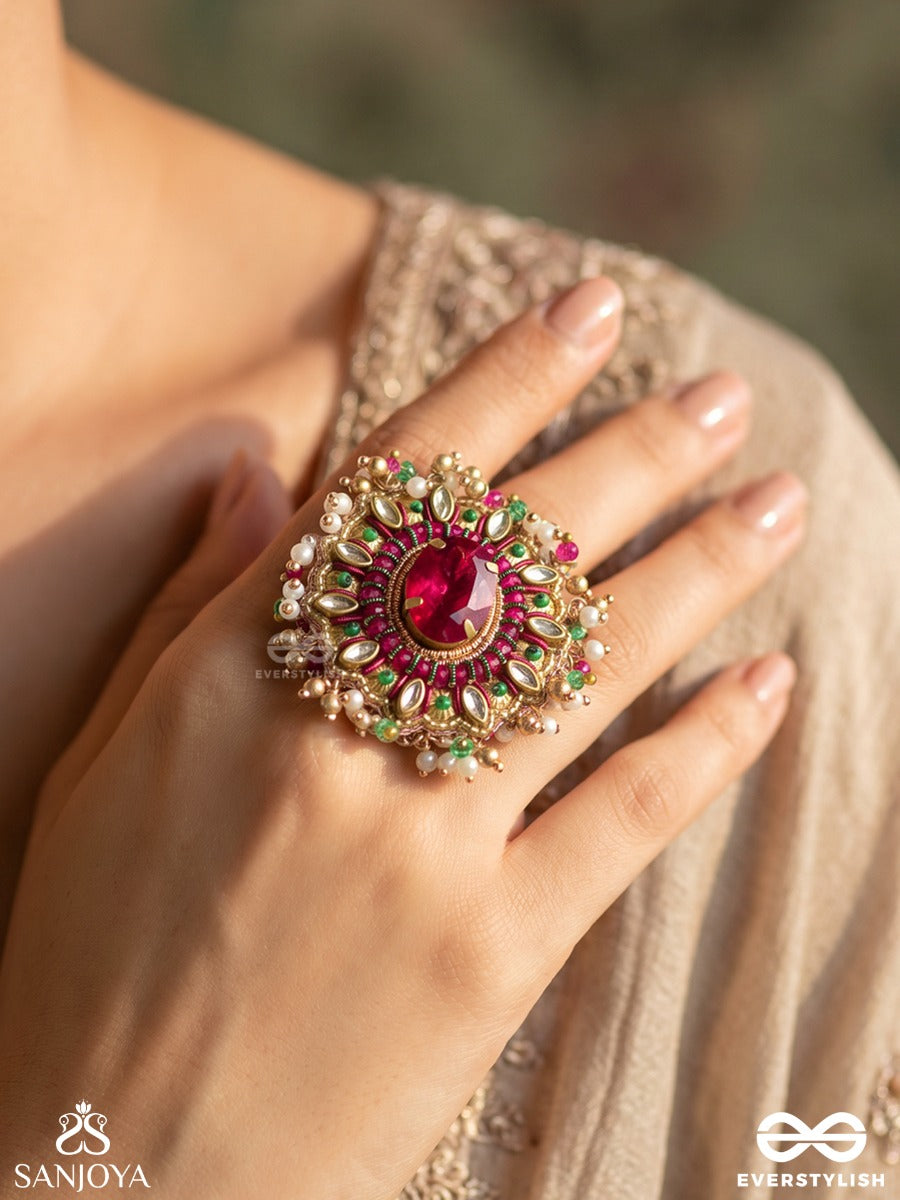 Ratnarohini - Ascent Of Jewels - Ornate Ring With Embellished Centre And Dense Gemmed Cluster Detail