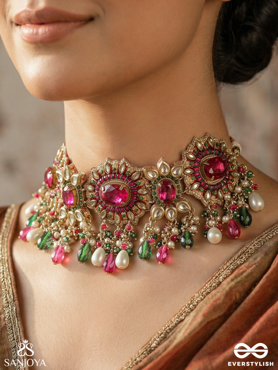 Ratnarohini - Ascent Of Jewels - Statement Necklace With Ornate Cluster Design And Multi-Colour Dangling Accents