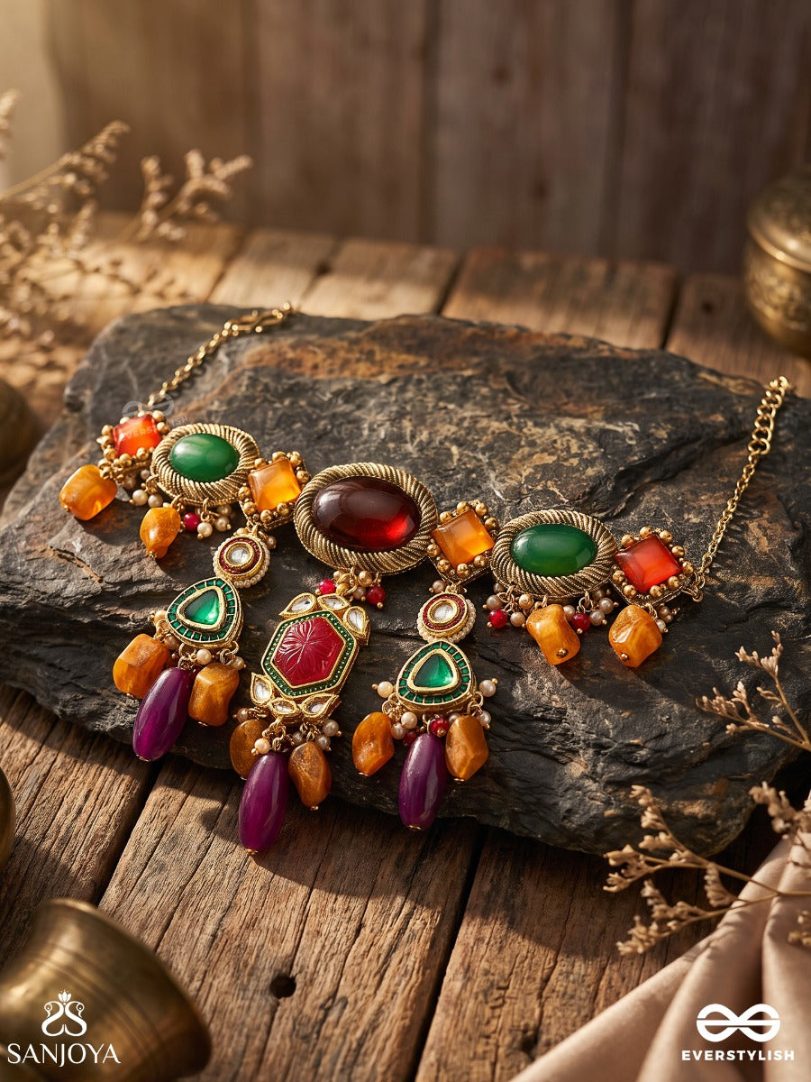 Kanchanakalpa - Golden Fantasy - Droplet Neckpiece In Green, Orange, And Ruby-Purple Embellishments