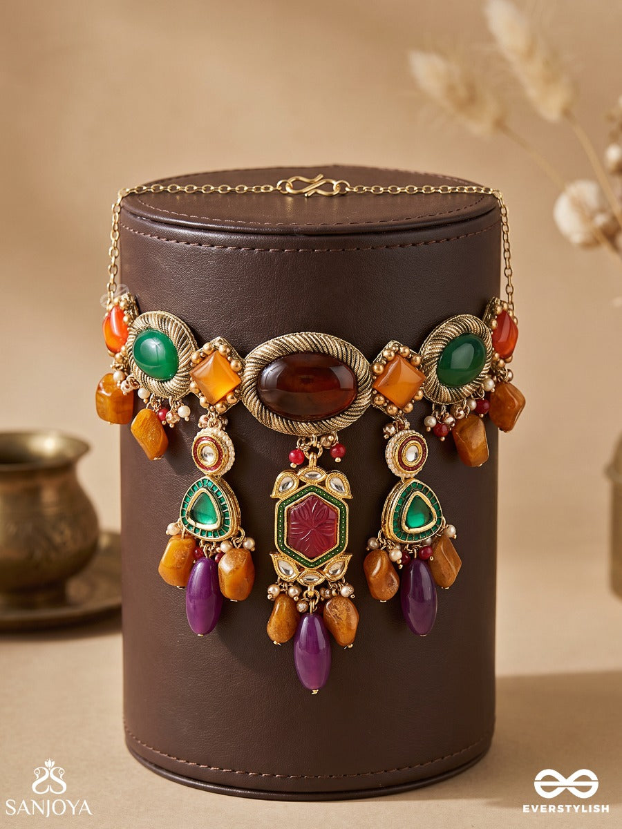 Kanchanakalpa - Golden Fantasy - Droplet Neckpiece In Green, Orange, And Ruby-Purple Embellishments