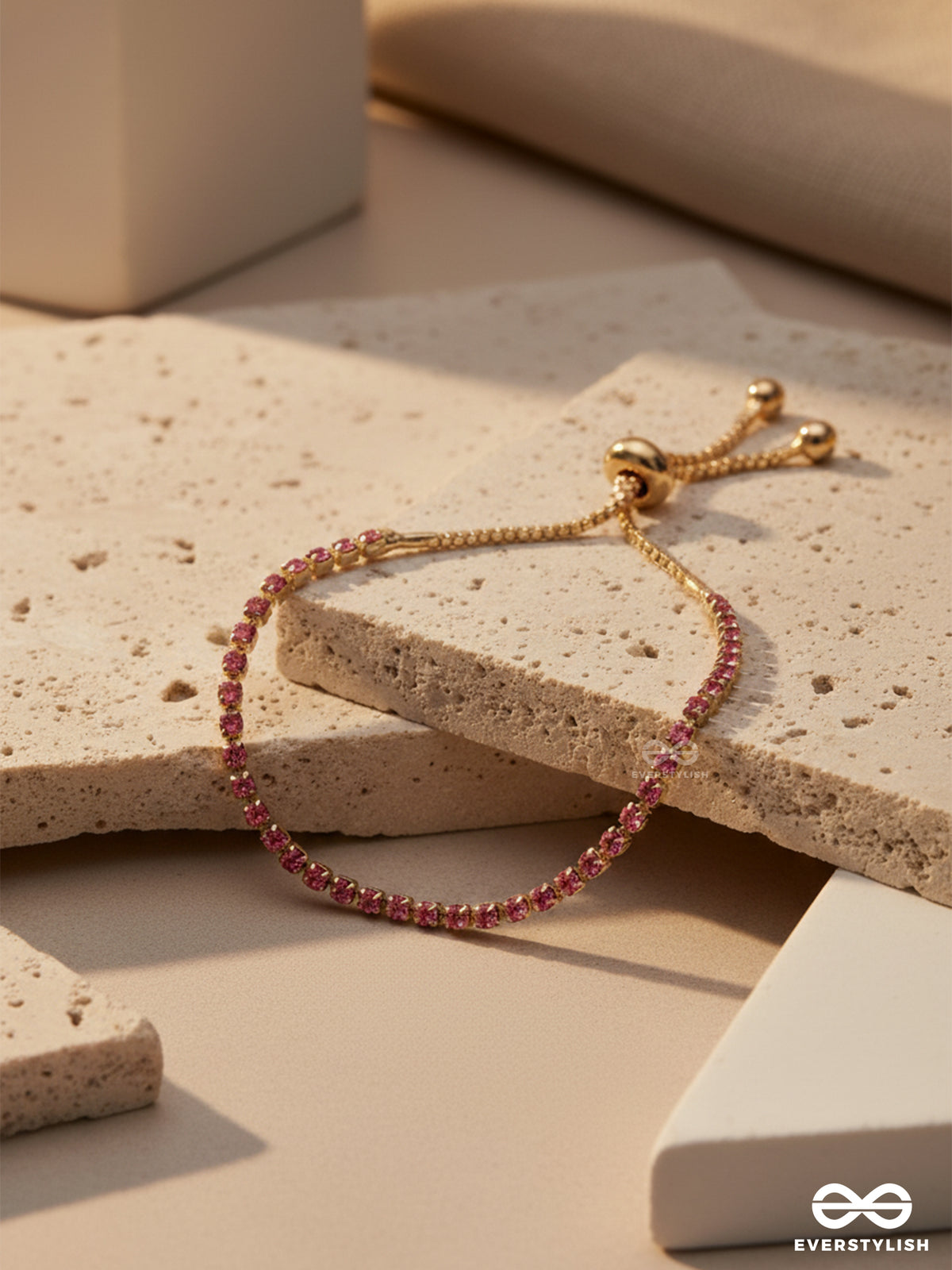 Cheery Lush - Pink Gem And Gold Tennis Bracelet