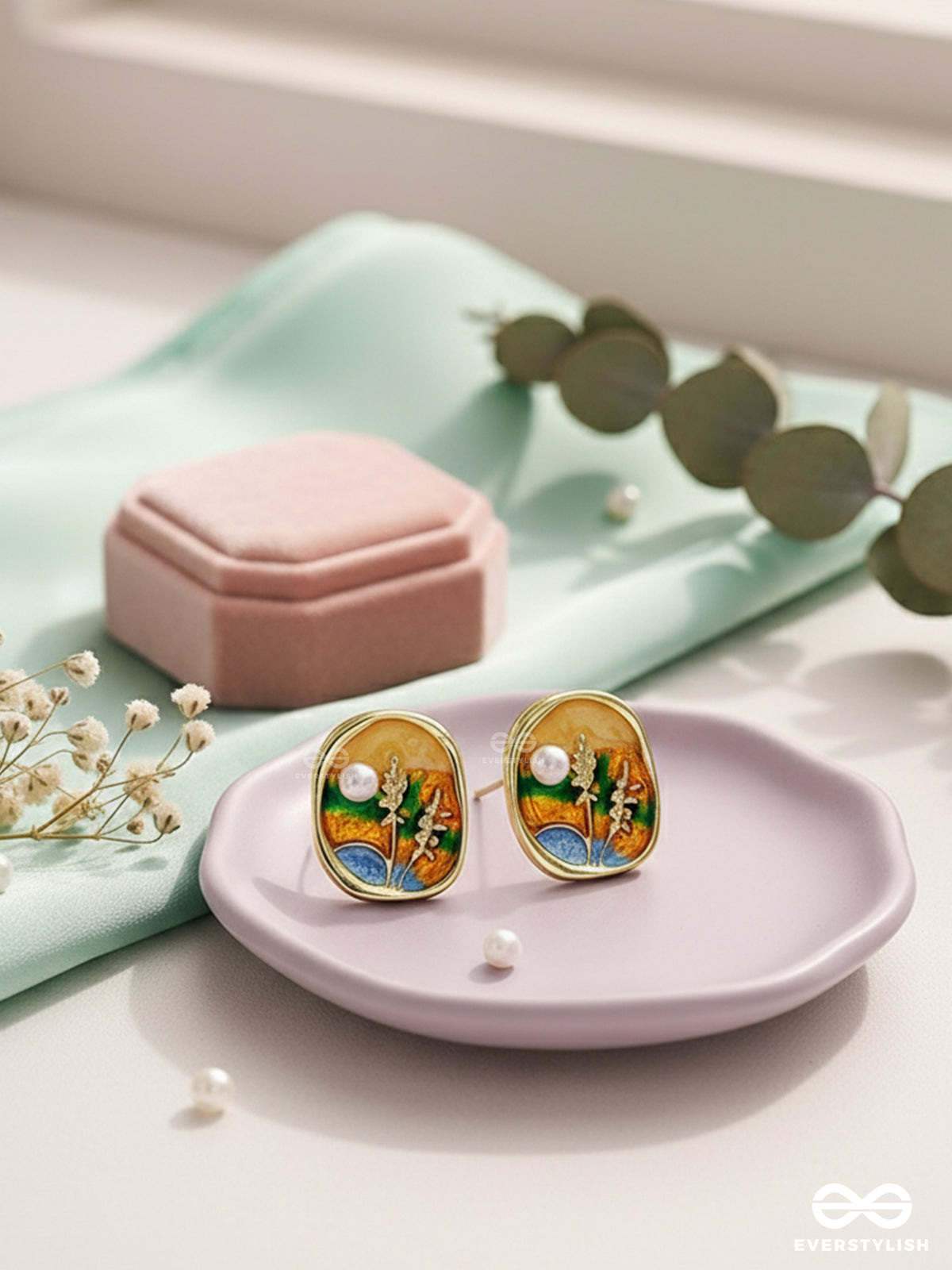Sunlit Bloom- Enamel Earrings With Floral Motif And Pearls