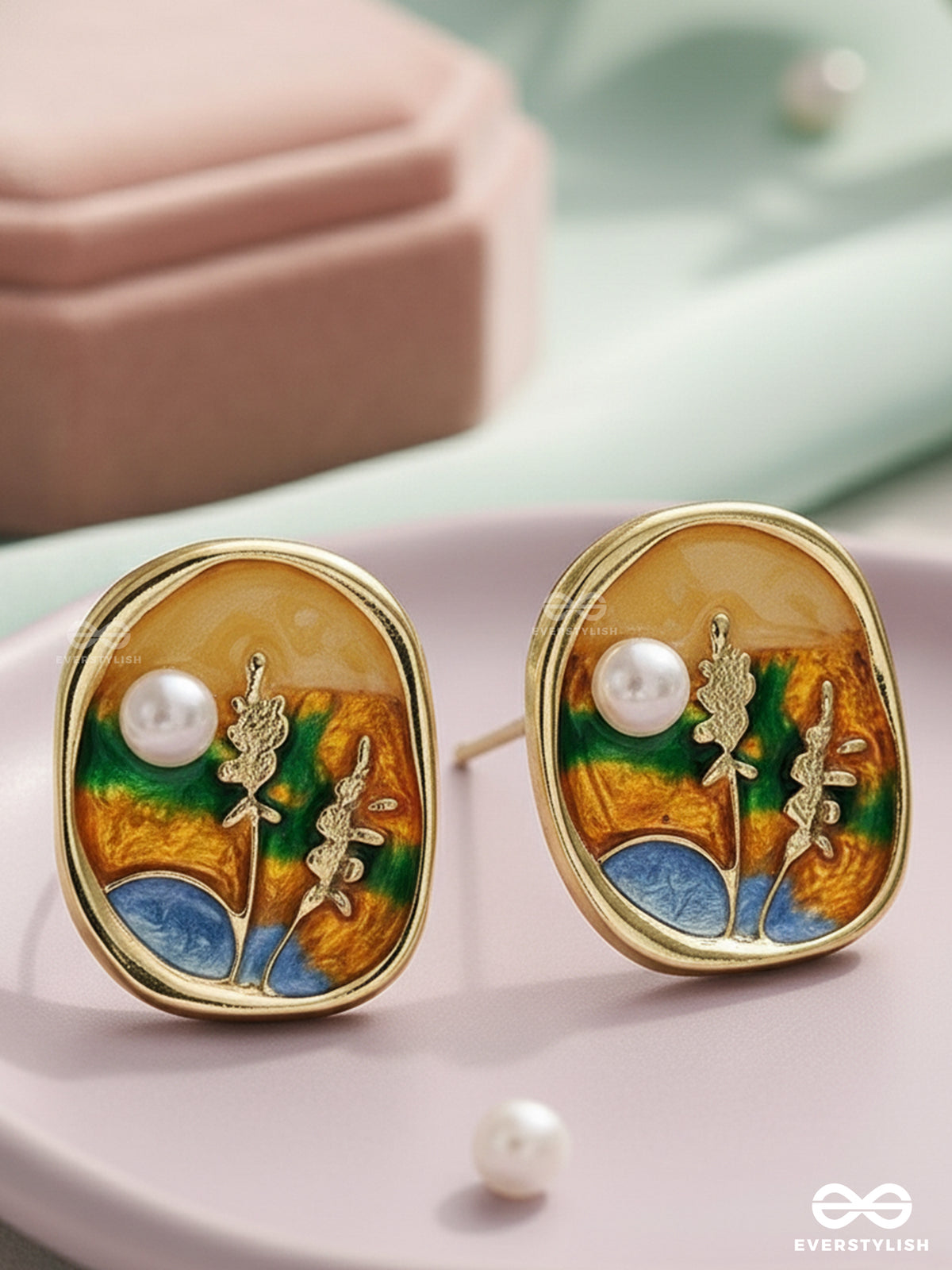 Sunlit Bloom- Enamel Earrings With Floral Motif And Pearls