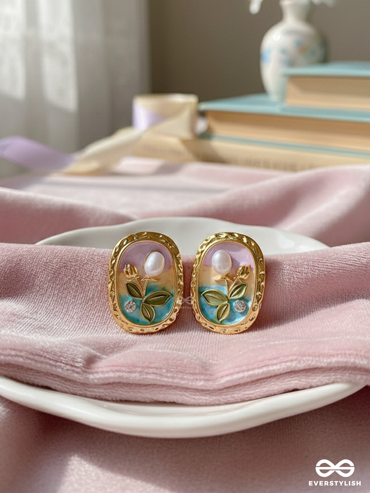 Floral Muse- Statement Earrings With Embossed Flowers And Pearls