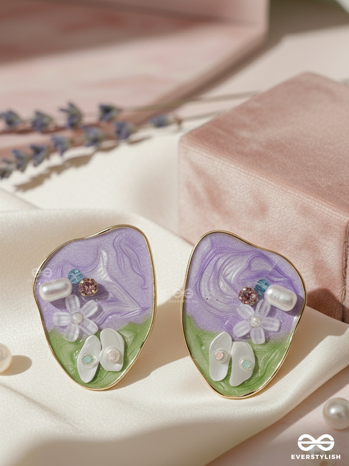 Lavender Leaf - Whimsical Floral Earrings With Enamel Details