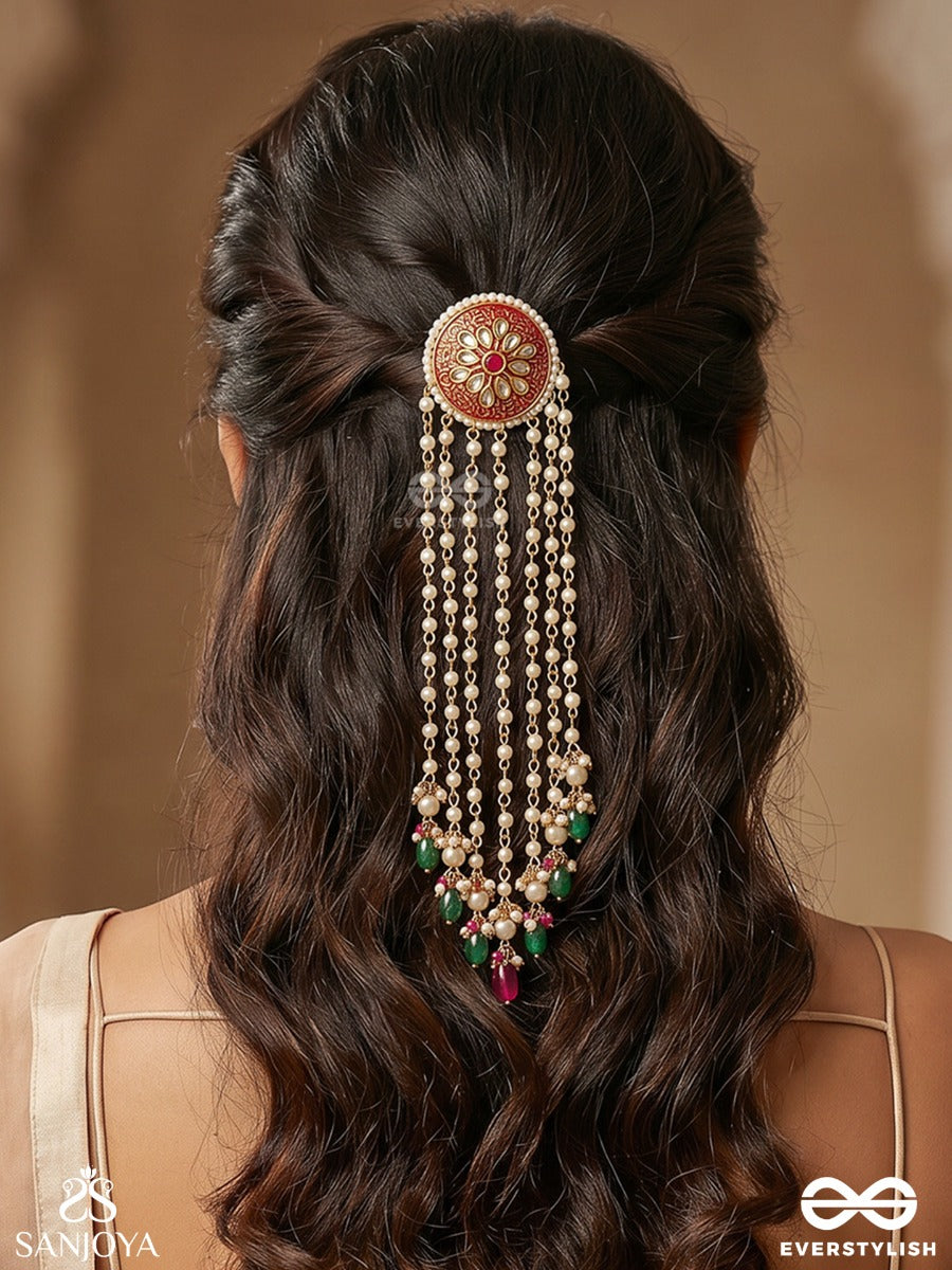 Tarangini Maharaani - The Royal Cascade - Triple-Layered Kundan Beaded Hair Accessory With Pearls And Beads