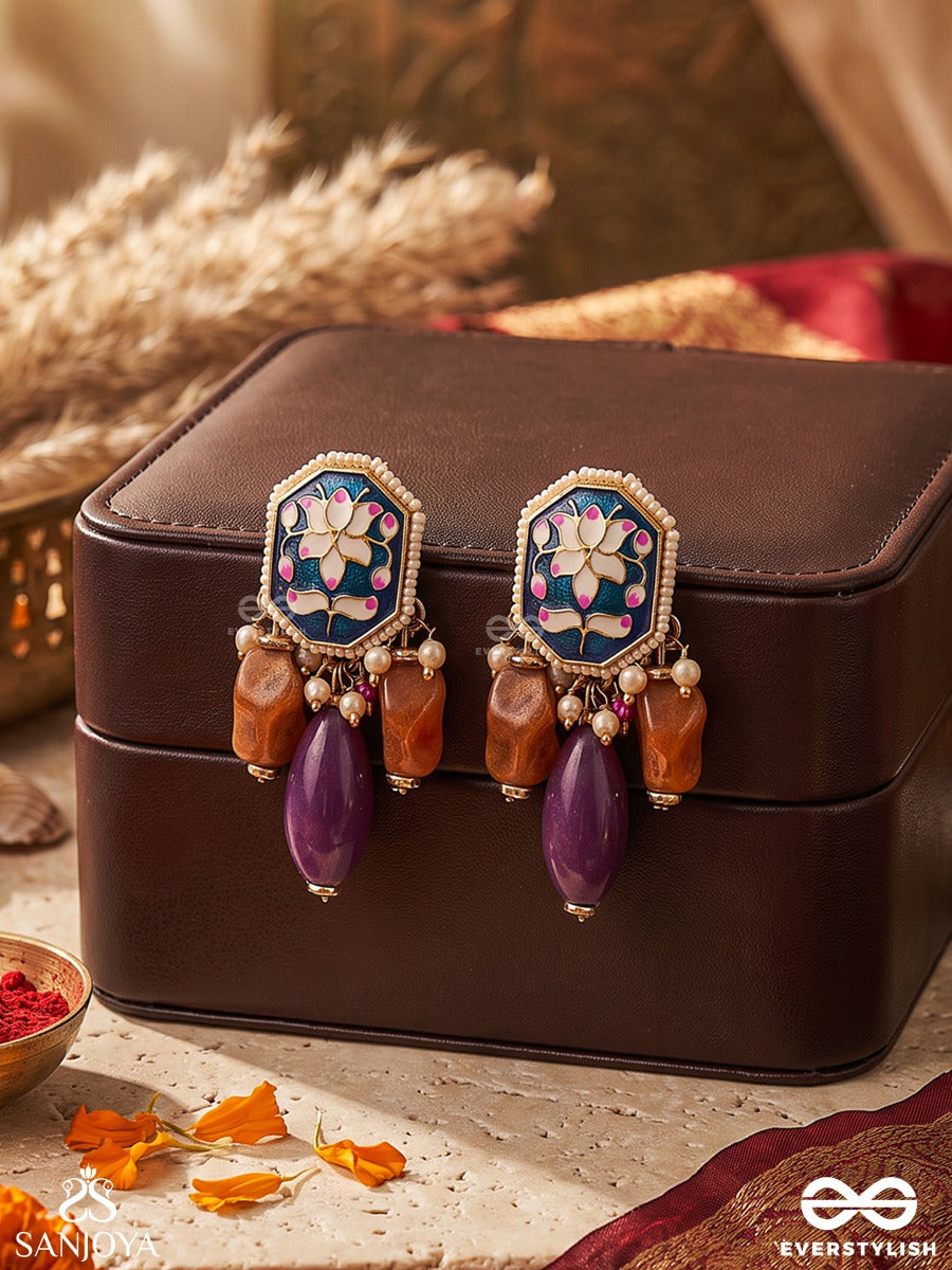 Padmabhusan - Lotus Adornment - Kundan Earrings With Pearls, Purple And Amber Beads
