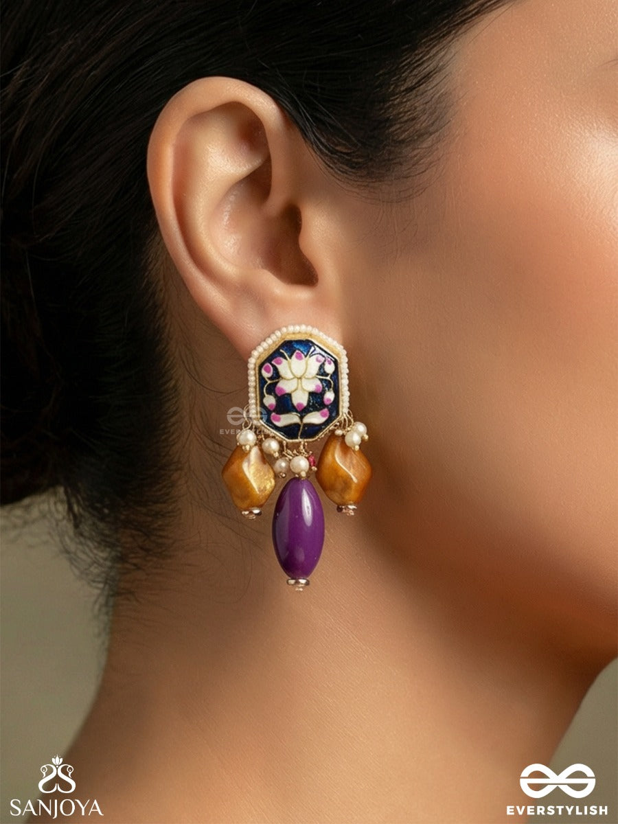 Padmabhusan - Lotus Adornment - Kundan Earrings With Pearls, Purple And Amber Beads