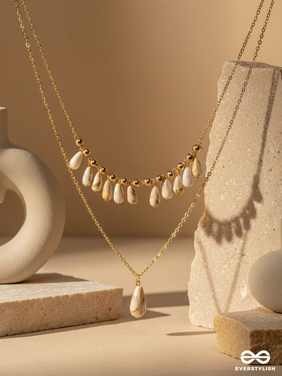 Tidal Glow - Layered Golden Sandstone Necklace With Natural Shell Drops