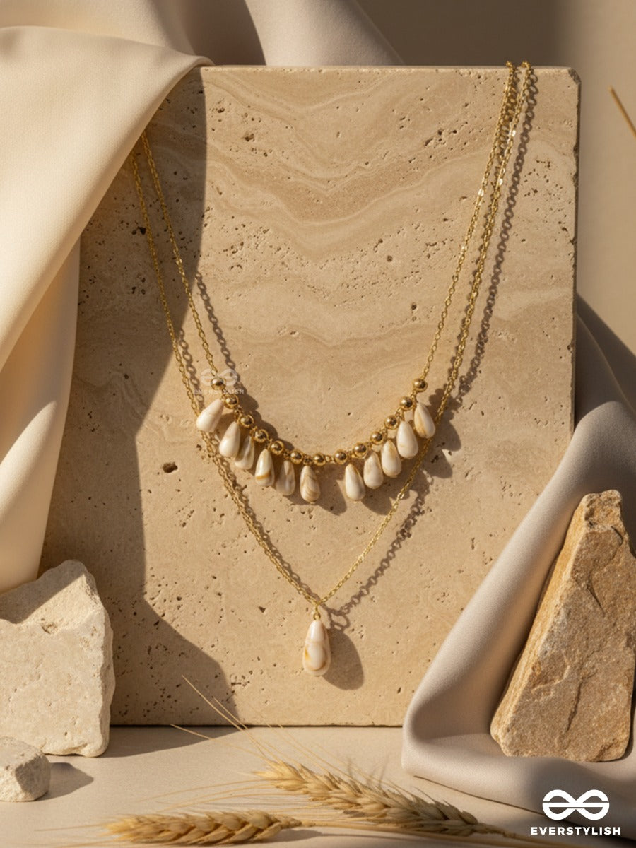 Tidal Glow - Layered Golden Sandstone Necklace With Natural Shell Drops