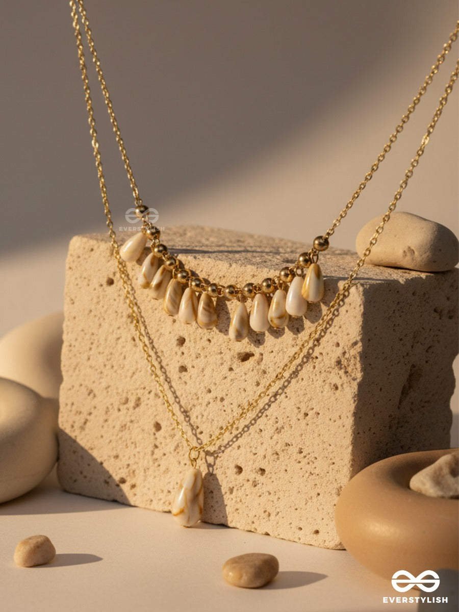 Tidal Glow - Layered Golden Sandstone Necklace With Natural Shell Drops