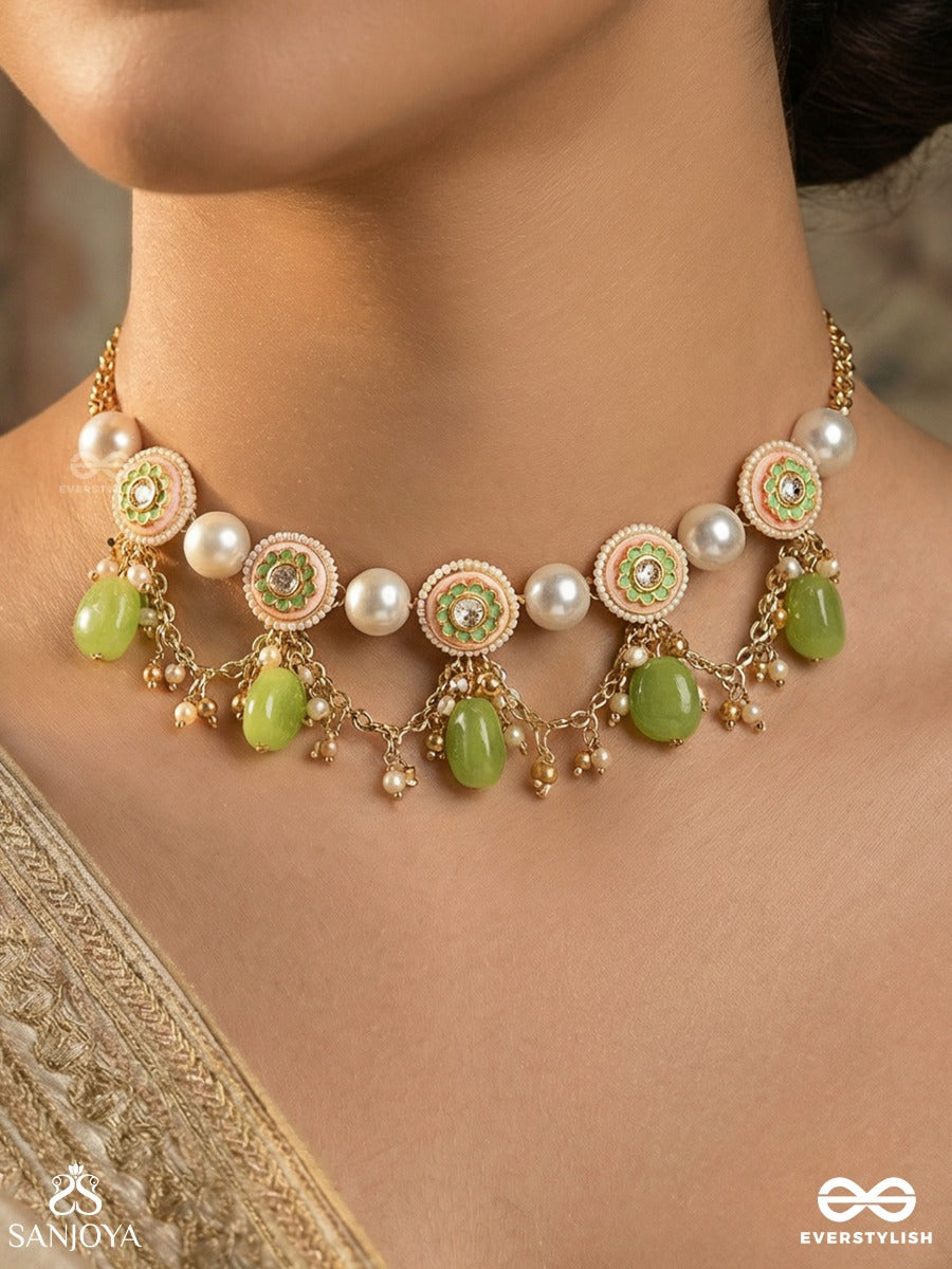 Haritala Leela - Green Playfulness- Elegant Green Droplet Choker With Pearls And Kundan Motif Accents