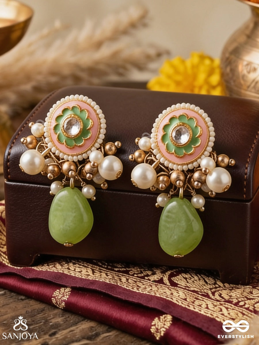 Haritala Leela - Green Playfulness- Elegant Green Droplet Earring With Pearls And Kundan Motif Accents