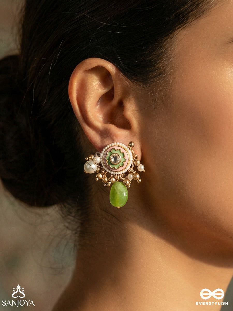 Haritala Leela - Green Playfulness- Elegant Green Droplet Earring With Pearls And Kundan Motif Accents
