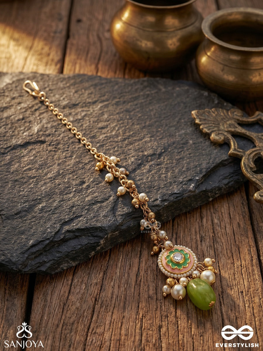 Haritala Leela - Green Playfulness-Elegant Green Droplet Maangtika With Pearls And Kundan Motif Accents