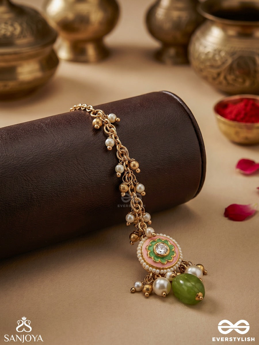Haritala Leela - Green Playfulness-Elegant Green Droplet Maangtika With Pearls And Kundan Motif Accents