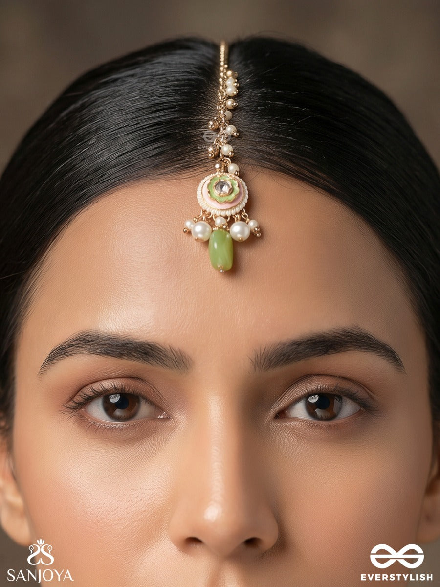 Haritala Leela - Green Playfulness-Elegant Green Droplet Maangtika With Pearls And Kundan Motif Accents