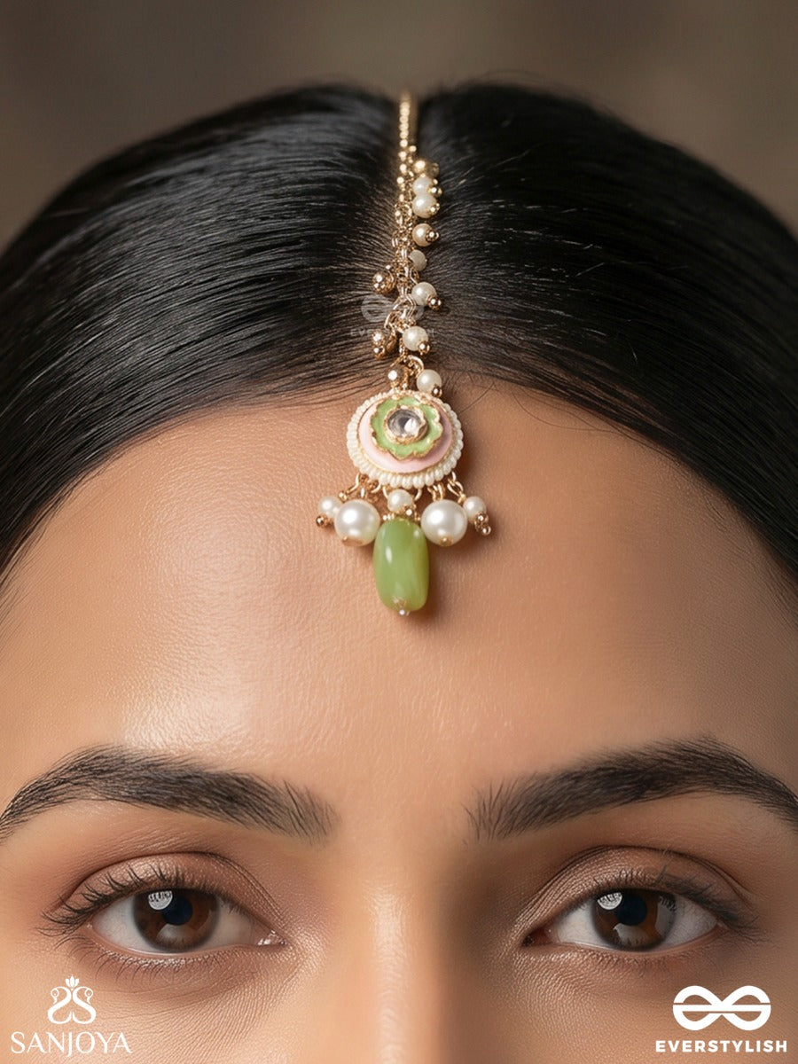 Haritala Leela - Green Playfulness-Elegant Green Droplet Maangtika With Pearls And Kundan Motif Accents
