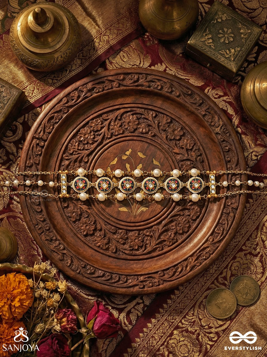 Kanchana Lahari - Golden Wave - Statement Kundan Choker With Pearl And Golden-Tinted Beaded Drops