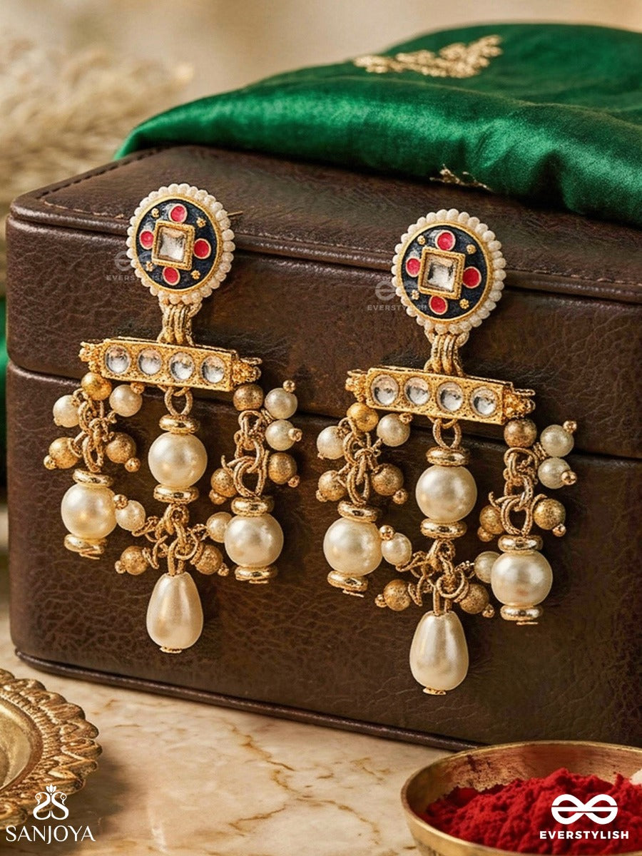 Kanchana Lahari - Golden Wave - Statement Kundan Earring With Pearl And Golden-Tinted Beaded Drops