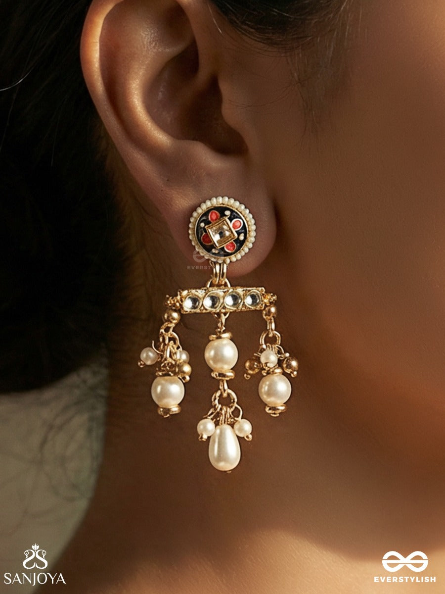 Kanchana Lahari - Golden Wave - Statement Kundan Earring With Pearl And Golden-Tinted Beaded Drops