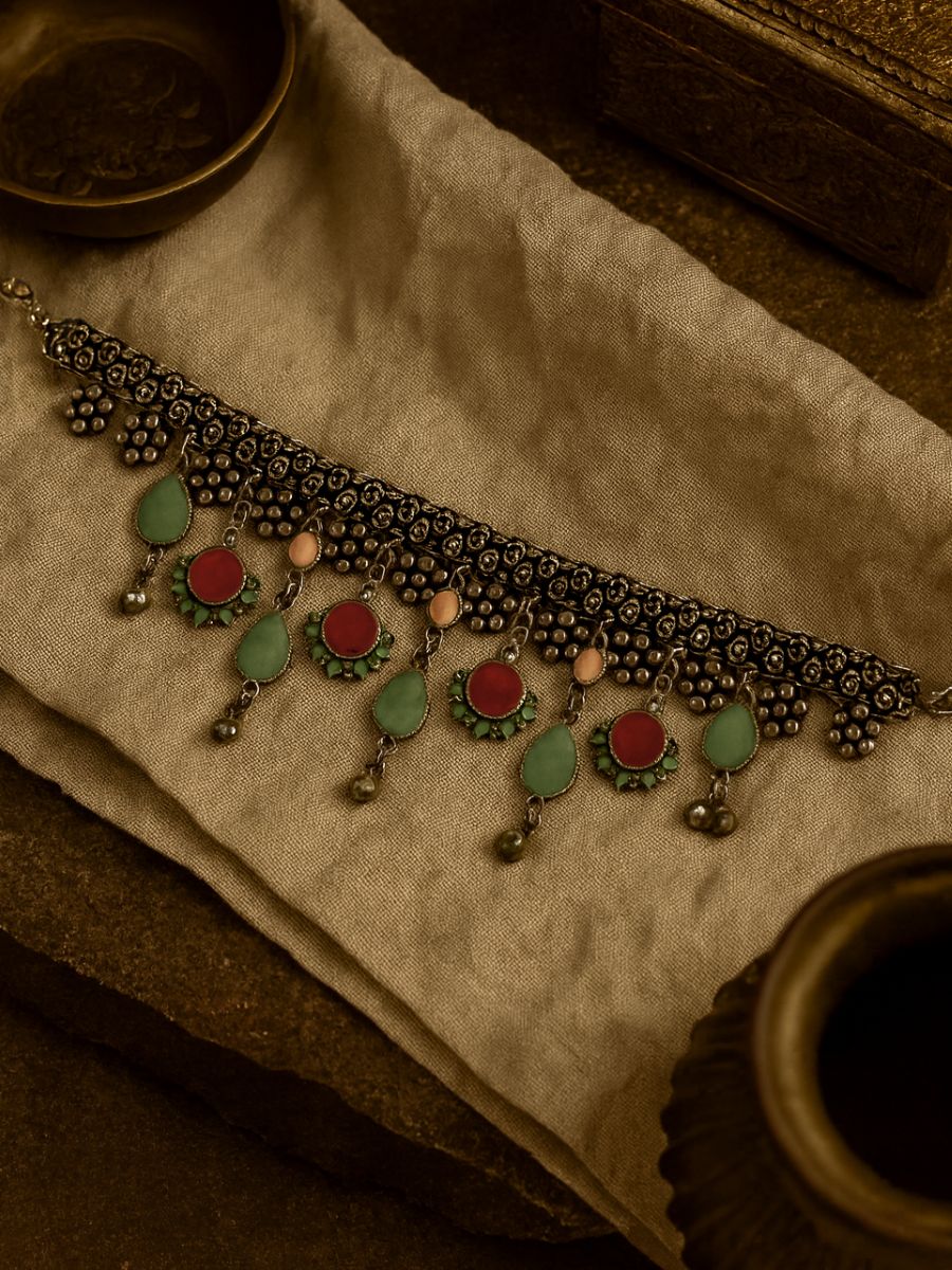 Charm Blossom - Antique Enamelled Oxidised Necklace