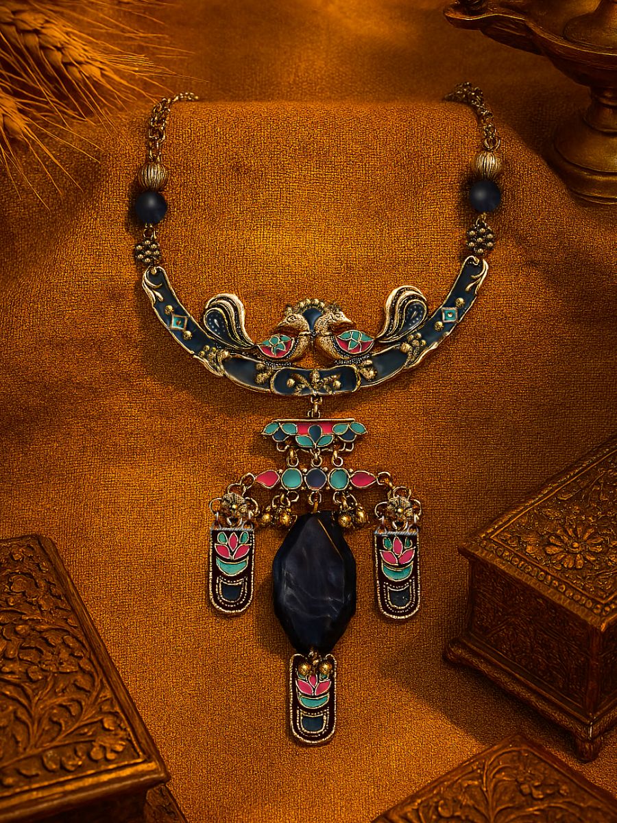 Moon Dusk - Enamelled Oxidised Necklace With Engraved Charms