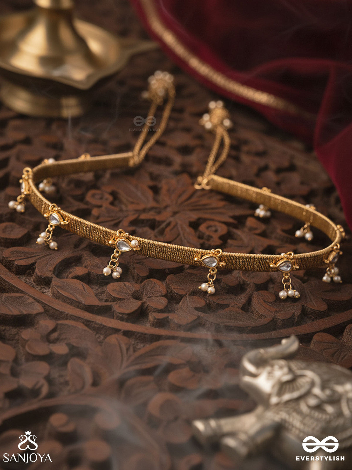 Kanaklatika - Golden Vine - Delicate Headband With Slender Chain Drops And Ornamental Danglers