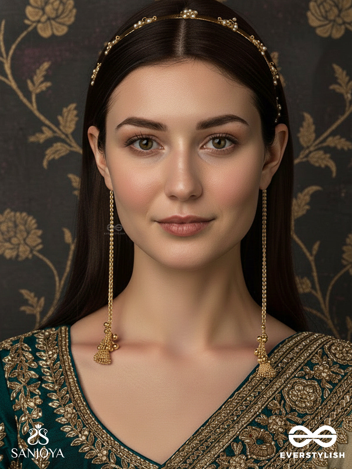 Kanaklatika - Golden Vine - Delicate Headband With Slender Chain Drops And Ornamental Danglers