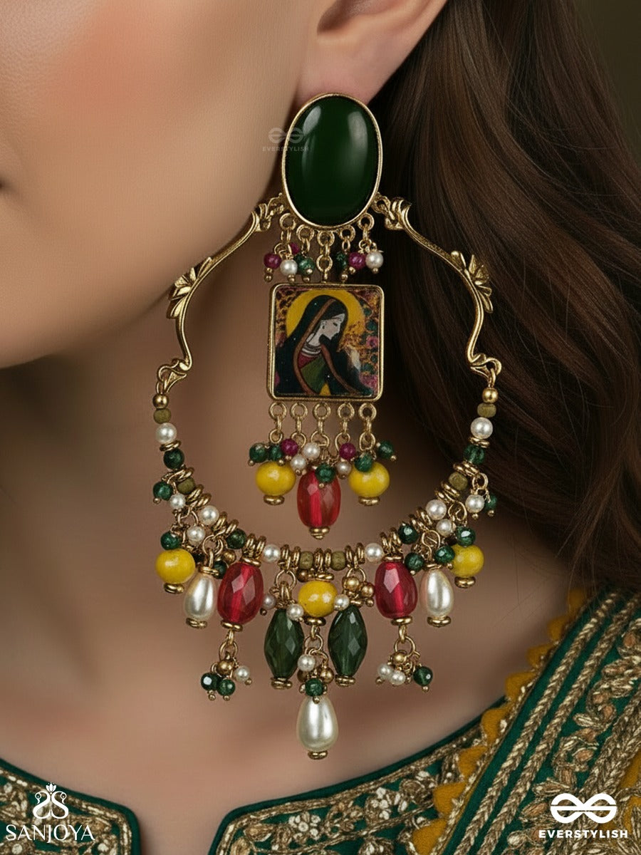 Chitrangi - Vivid Hues - Grand Temple-Inspired Earrings With Coloured Stone Accents, Bead Hangings And A Pearl Drop