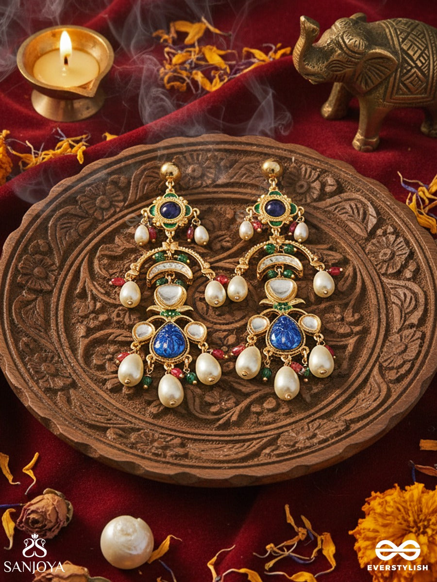Neelambari - Draped In Midnight Blue - Traditional Drop Earrings With Deep Blue Enamel Work, Green Stone Highlights And Pearl Accents