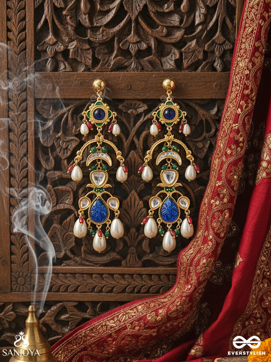 Neelambari - Draped In Midnight Blue - Traditional Drop Earrings With Deep Blue Enamel Work, Green Stone Highlights And Pearl Accents