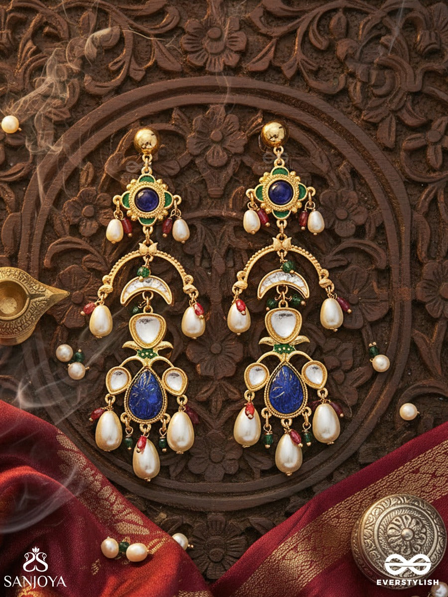Neelambari - Draped In Midnight Blue - Traditional Drop Earrings With Deep Blue Enamel Work, Green Stone Highlights And Pearl Accents