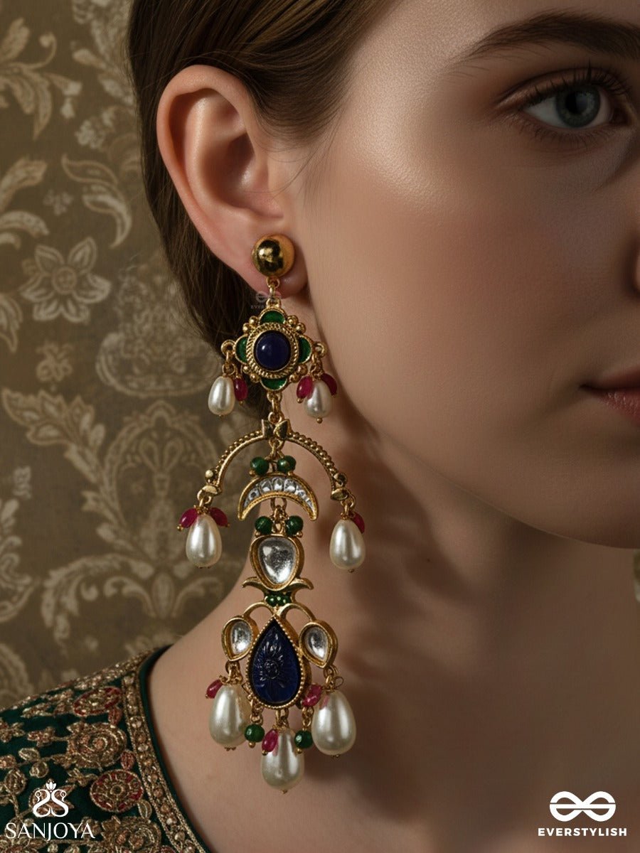 Neelambari - Draped In Midnight Blue - Traditional Drop Earrings With Deep Blue Enamel Work, Green Stone Highlights And Pearl Accents