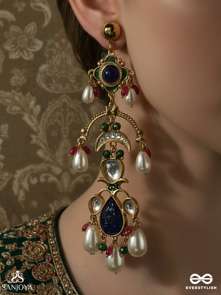 Neelambari - Draped In Midnight Blue - Traditional Drop Earrings With Deep Blue Enamel Work, Green Stone Highlights And Pearl Accents