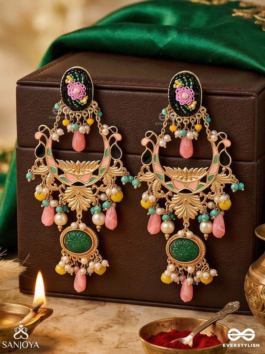 Pushkalaa - Abundance In Bloom - Statement Earrings With Floral Enamel Detail, Jade-Tone Elements And Soft Peach Drops