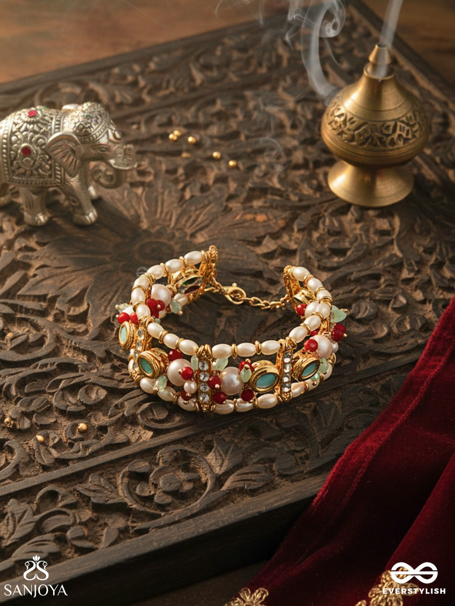 Rangvasant - Colours Of Spring - Linked Bracelet With Red Enamel Panels, Mint Stone Accents And Pearl Clusters